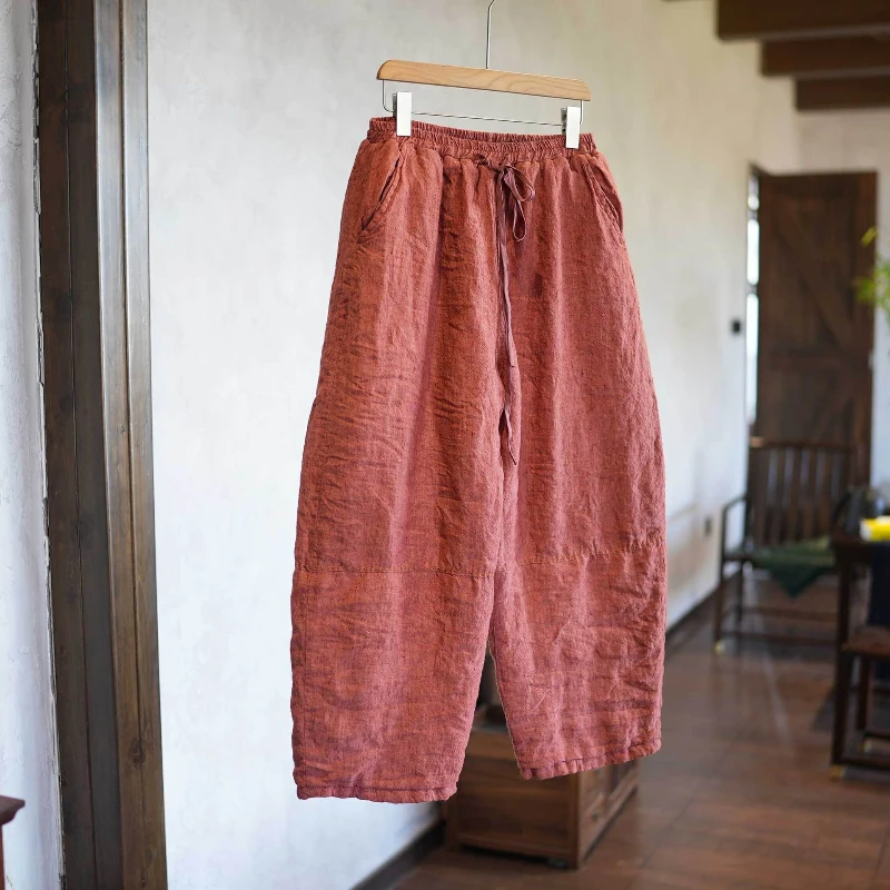 Pantalones de algodón de lino tejido de tela Natural para mujer, pantalones cálidos de cintura alta gruesos de invierno, Pantalones rectos con cordón de pierna ancha