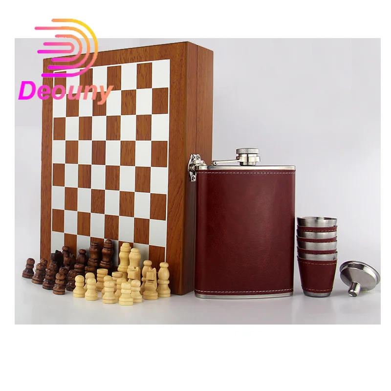 DEOUNY Stainless Steel Chess Hip Flask Russian Black Wine Pot Flasks Sets Outdoor Wooden Box Drinkware 8OZ