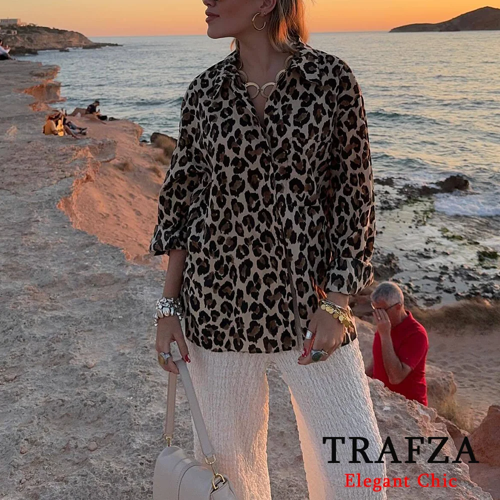 TRAFZA-Ensemble Vintage Imprimé Léopard pour Femme, Chemisier Court à Manches sulfet Pantalon Long, Mode Décontractée, Bureau, Été, 2024, 2 Pièces