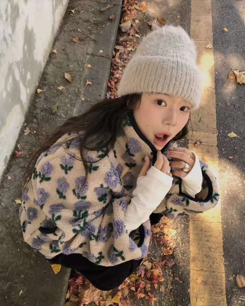 Herbst Winter Koreanische Chic Stil Floral Muster drucken Woolen Jacke frauen Casual Lose Lamm Pelz Koreanischen Stil Warme mantel weibliche