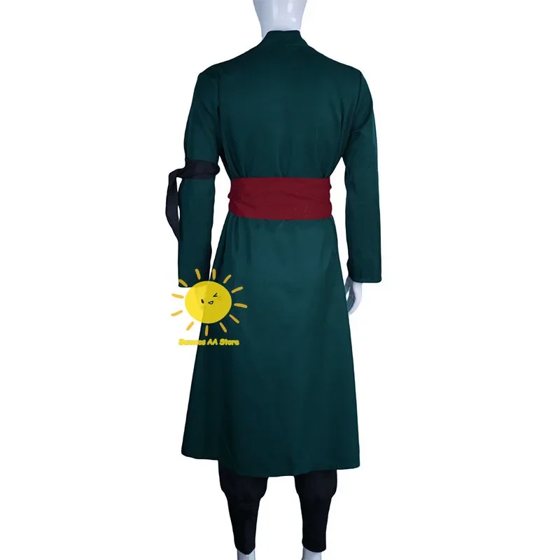 Costume de Cosplay Anime Roronoa Zoro pour Homme, Uniforme Vert Noir, Manteau, Ceinture, Pantalon, Foulard, Perruque Zoro, Boucles d'Oreilles, Vêtements d'Halloween