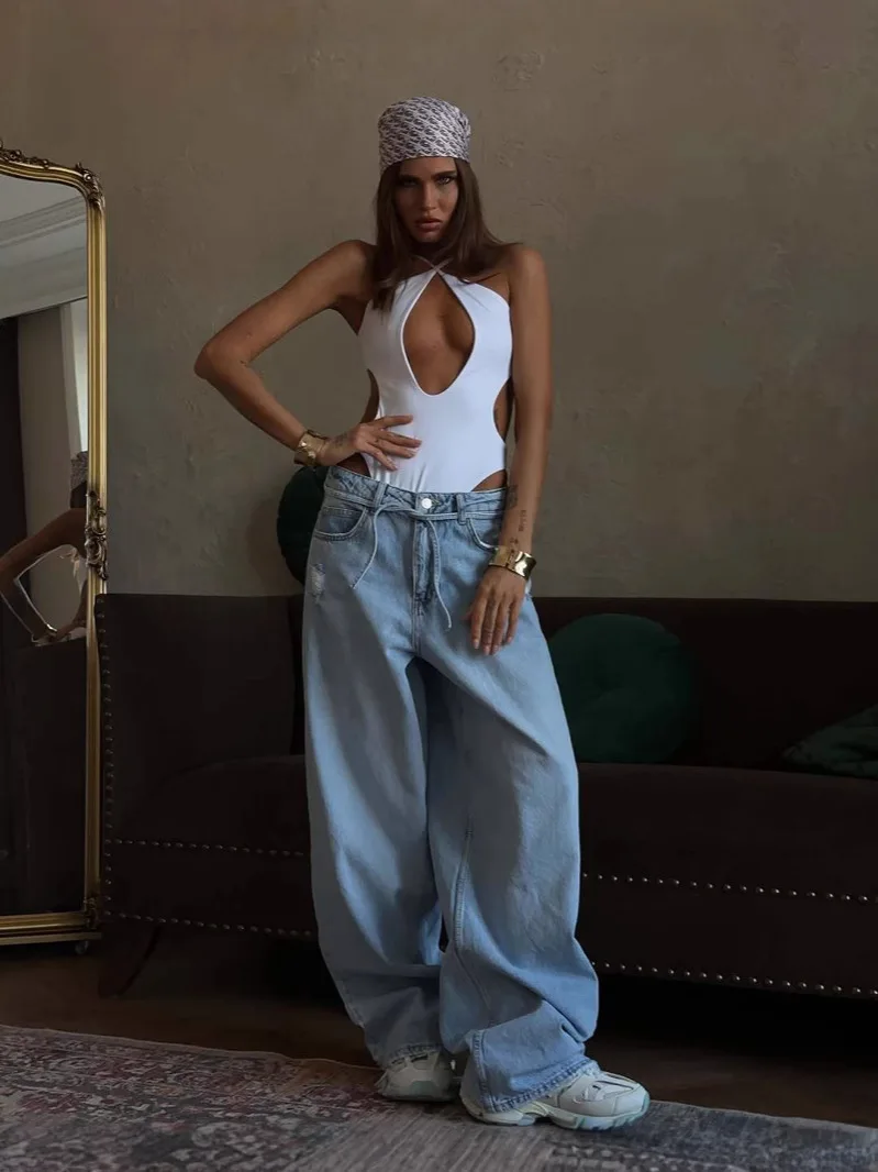 2025 High Waist Drawstring, Design Sense, Women Jeans, Loose Flared, Washed Light Blue, Women Wide Leg Pants