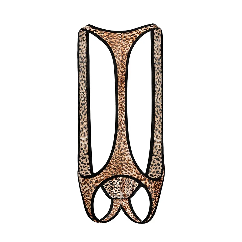 مثير الرجال نيسيس ليوبارد مثير منامة مفتوحة بعقب ارتداءها Lungewear طقم داخلي للجسم رجل بذلة المصارعة المشكل مثلي الجنس بذلة