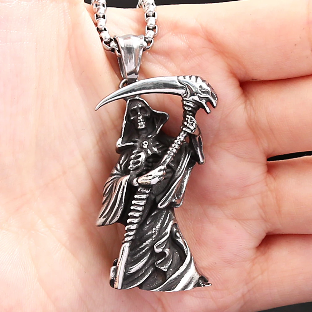 Men\'s Gothic Vintage Death Scythe Skull Pendant Necklace Punk Biker Stainless Steel Reaper Necklaces Amulet Jewelry Wholesale