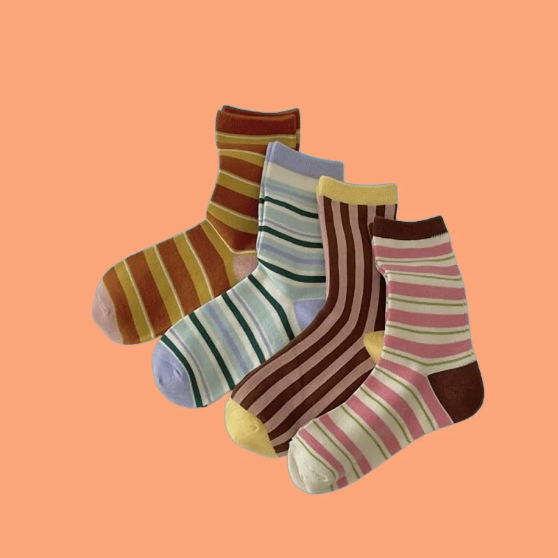 4/8 Pairs High Quality Women's Mid-Tube Socks New Fashion Combed Cotton Trendy Socks Casual Women's Boneless Candy Striped Socks