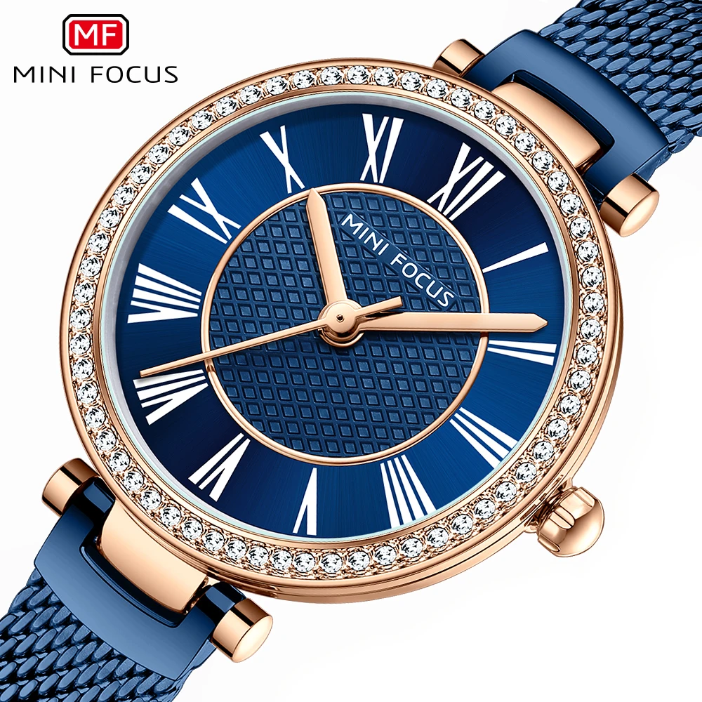 

MINI FOCUS Blue Iced Out Quartz Ladies Watches Top Brand Luxury Classy Business Women Watch Ultra Thin Steel Strap Wristwatches