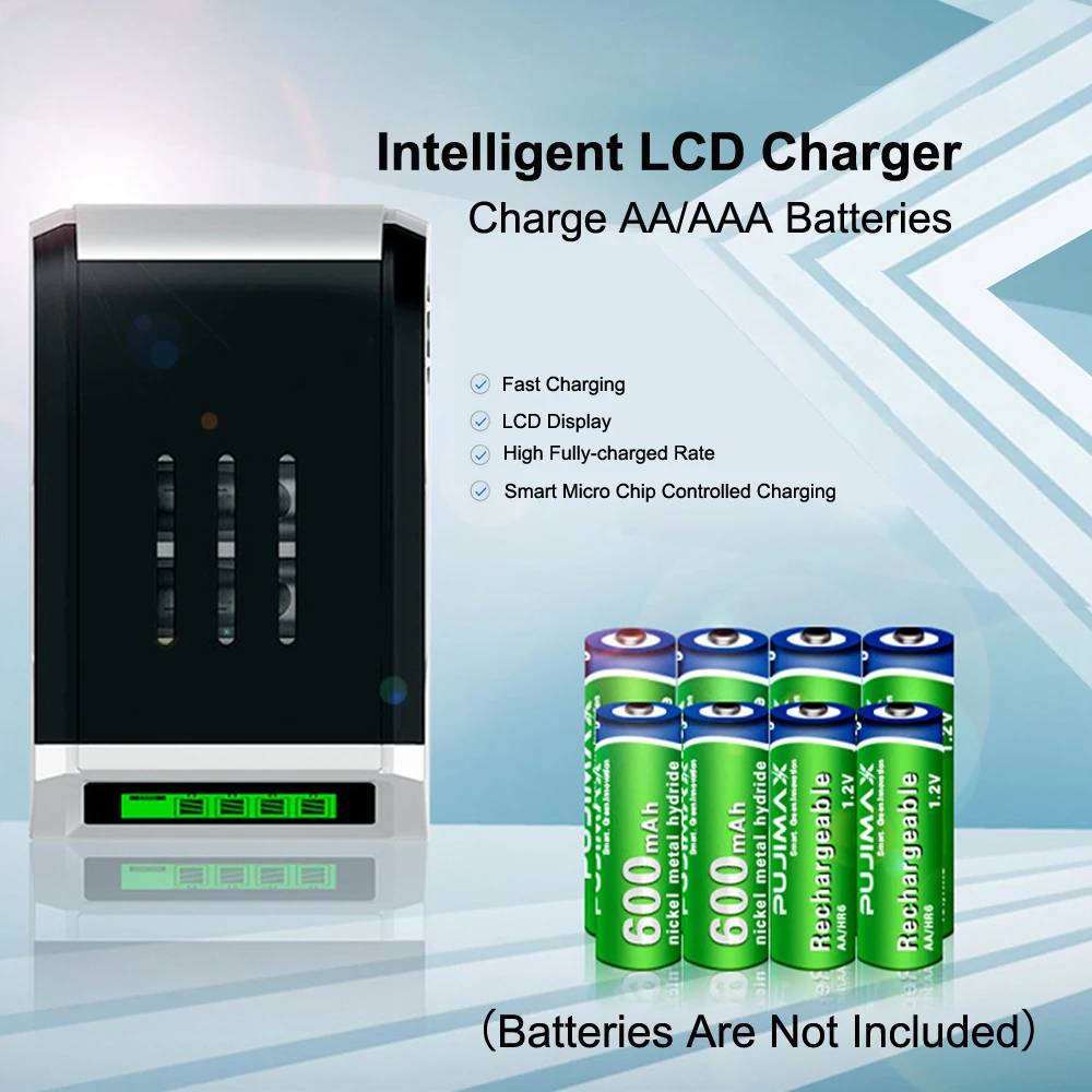 PUJIMAX AA/AAA Smart Battery Charger With Charging Cable LCD Display For 1.2V Ni-MH Ni-Cd Rechargeable Batteries 4-Slot Charger