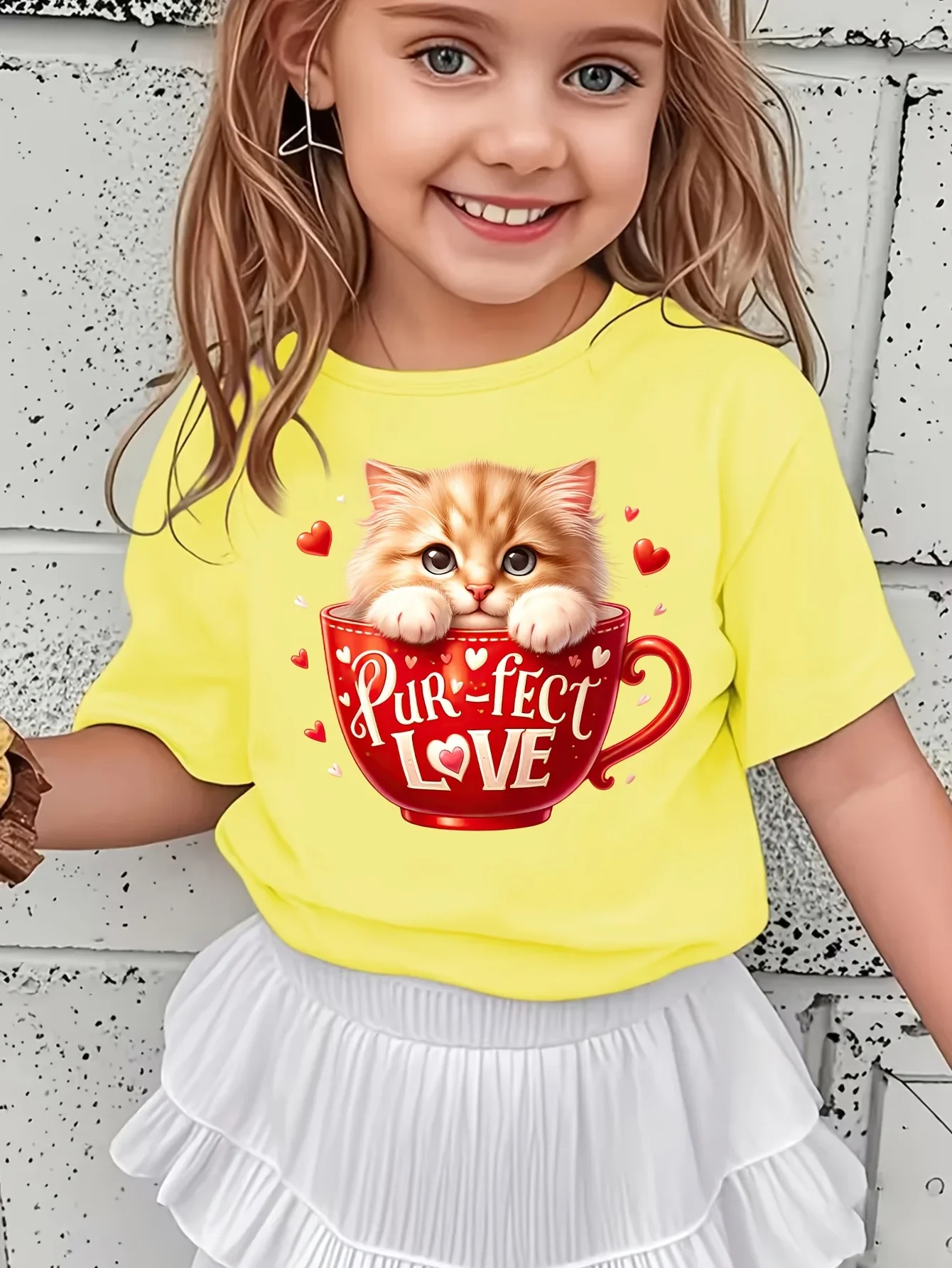 Girls Purfect Love Cute Kitten In Red Cup Graphic T Shirt Orange Cat Heart Print Short Sleeve Kids Valentines Casual Top