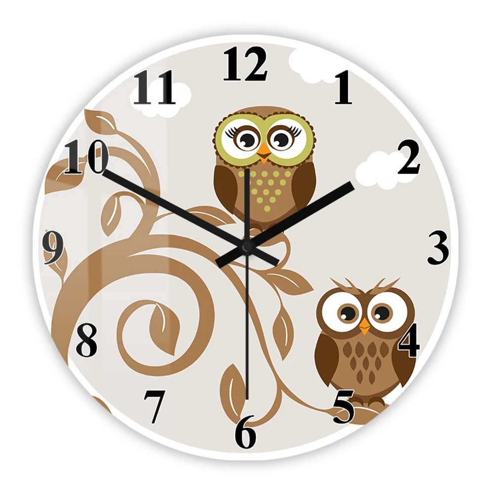 Whimsical Cartoon Owls on Tree Branch Silent Quartz Wall Clock for Nursery Kid Bedroom Playroom Woodland Animal Home Decor Watch
