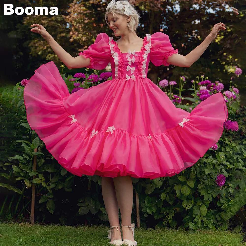 

Booma A-Line Organza Short Prom Dresses Short Puff Sleeves Ruched Graduation Party Gowns Homecoming Evening Dresses with Bows