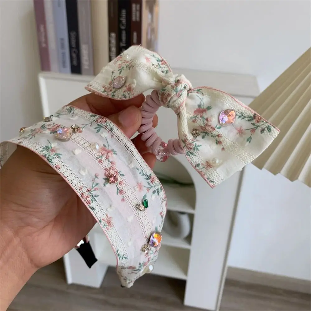 

Sweet Korean Style Embroidery Lace Headband Wide Edges Flower Bow Hair Rope Fairy Hair Accessories Rhinestone Hair Band Women