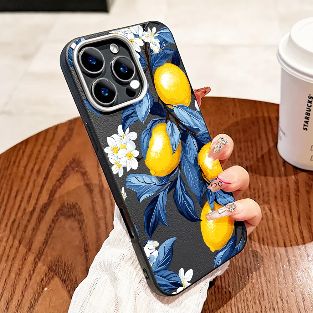 Phone Case For Samsung S26 S24 S25 S23 S22 Ultra S25 S23 S22 Plus FE For Galaxy A55 5G Cute Blue Leaves Yellow Lemon Funda