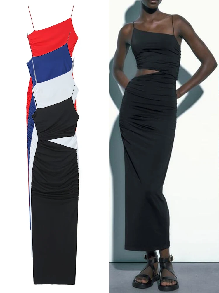 

ZBZA Women's Asymmetric Waistless Design Midi Dress Fashion Sexy Pleated Hollow Chic Spaghetti Strap Dress Elegant Women's