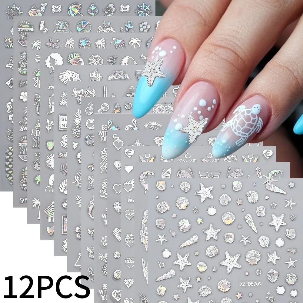 12pcs/1set Summer Beach Ocean Shell Starfish Clams Conch Stars Jellyfish Bubble Self Adhesive 5D Nail Art Sticker Manicure Decal