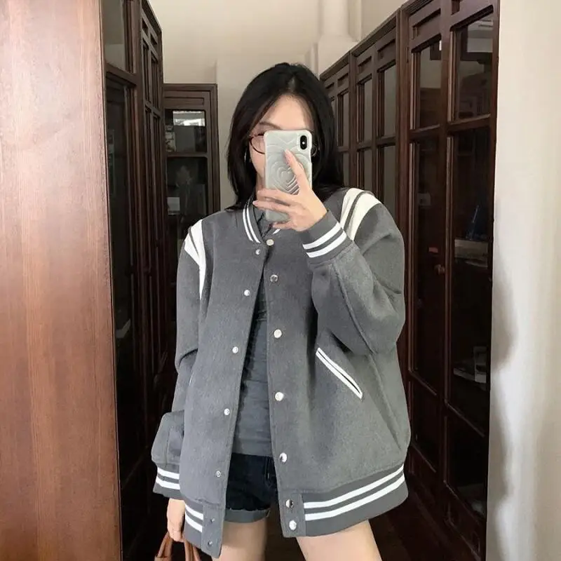 

American style Women's loose grey baseball jersey Spring autumn new model design sense retro preppy style versatile short coat
