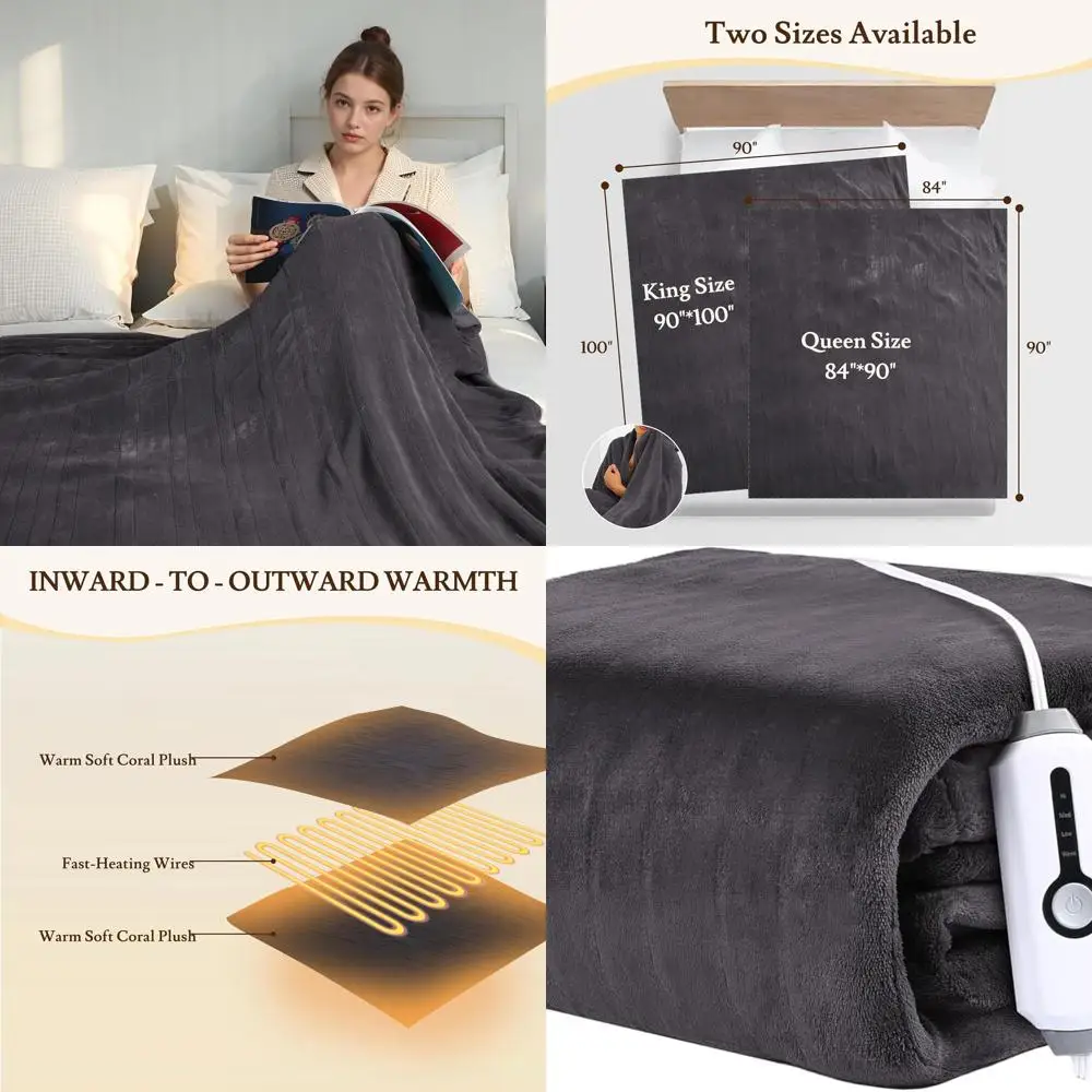

Queen Size Electric Blanket 84x90 with 4 Heat Levels, Dual Controls, 10H Timer, Soft Coral Fleece, Overheat Protection, Dark Gra