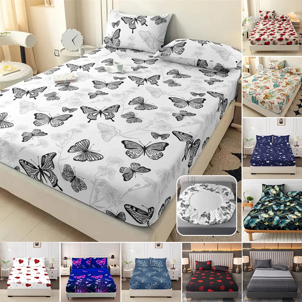 

100% Polyester Printed Dustproof Bed Sheet 3PCS Soft Breathable Mattress Cover Single Double Queen King Size for Bedroom Hotel