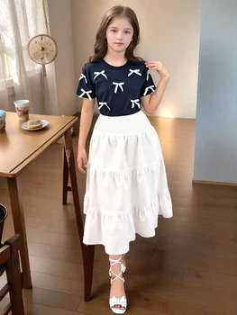 Girls' Fashionable and Simple Pure White Summer High-Waisted Multi-Layered Cake Skirt. Girls' Elegant and Playful Ladylike Outfit. Suitable for Going Out, Home Wear, Daily Wear, Skin-Friendly, Comfortable Travel Clothing