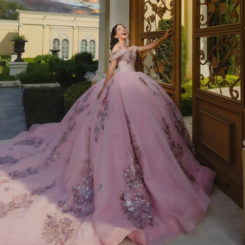 

Pink Shiny Quinceanera Dresses Off The Shoulder Sequin Applique Lace Beading Tull Corset Party Birthday Sweet 16 Dress Vestidos