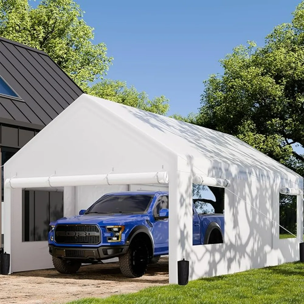 Carport, 12x20 ft Carport with Roll up Windows and Removable Sidewalls & Doors with Sandbag and All Season Tarp, Carport White