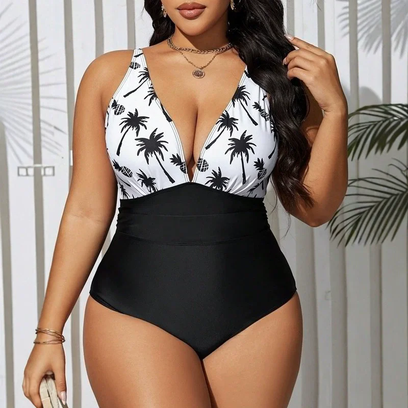 Jednoczęściowy strój kąpielowy damski w dużych rozmiarach 2025 z nadrukiem, dekolt w serek, odzież plażowa, modelujący sylwetkę, monokini