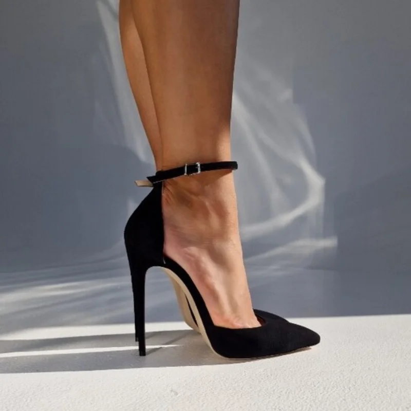 

Arden Furtado Summer black suede Pointed Toe Super high heel Sexy One word buckle Sandals Hollow Banquet shoes Extra large size