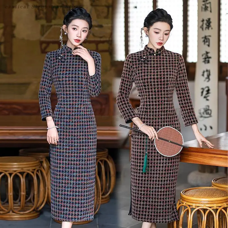 grid-long-improved-cheongsam-retro-slim-fit-qipao-autumn-winter-women's-elegant-temperament-vestidos-chinese-traditional-dress