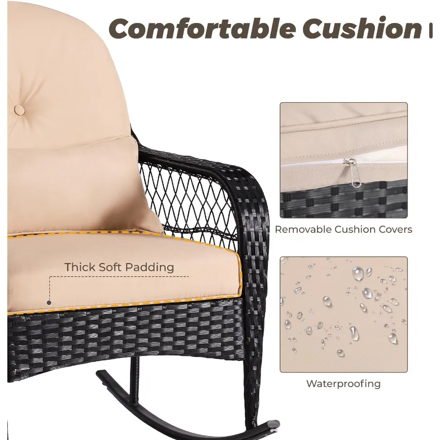 3 pçs ao ar livre cadeira de balanço de vime conjuntos de móveis pátio rattan cadeiras de balanço com 2 cadeiras de rattan almofadas mesa lateral superior de vidro