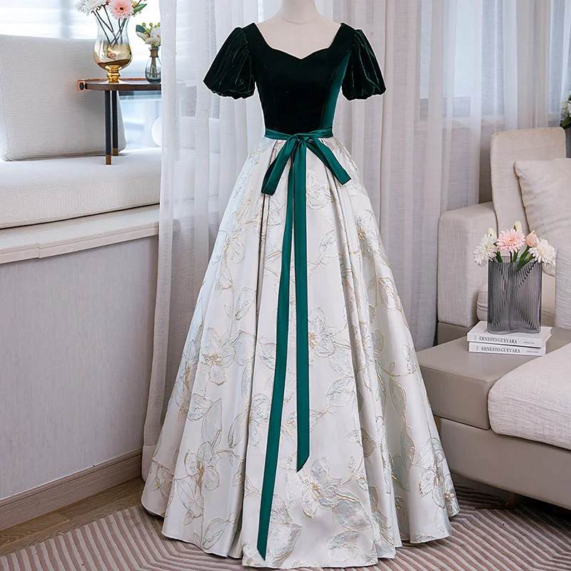 Temperament Fluffy Dress Evening Gown With Floral Patchwork High-end Performance Costume Dress Customized