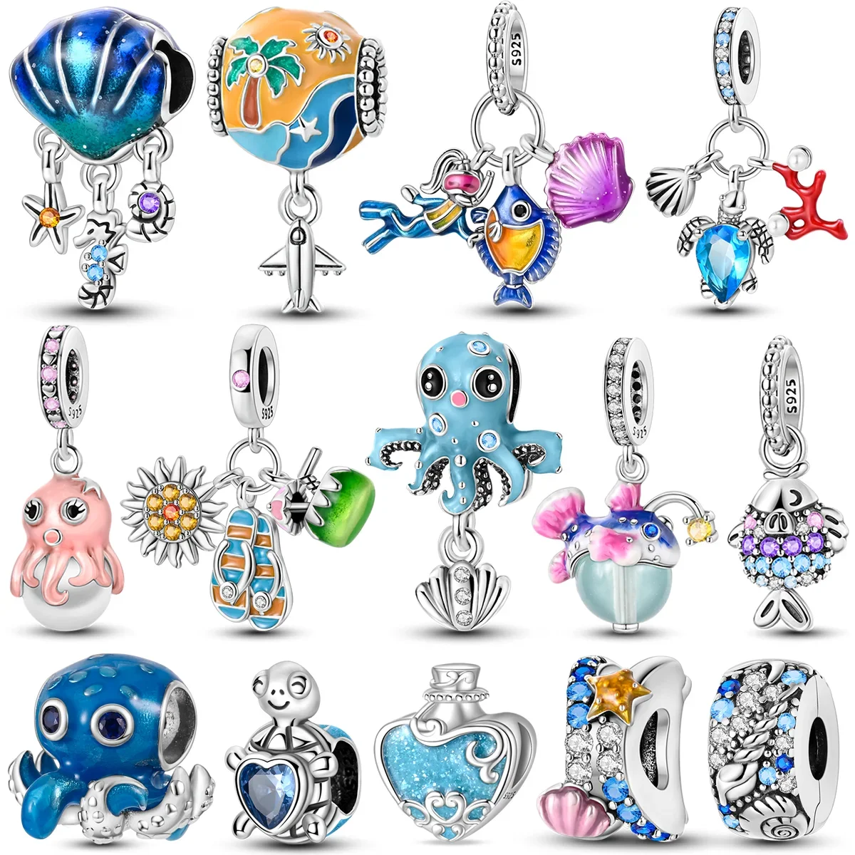 

925 Sterling Silver Sea Fish Charms Bead Luminous Turtle Octopus Conch Pendant Fit Original Pandora Bracelet DIY Women Jewelry