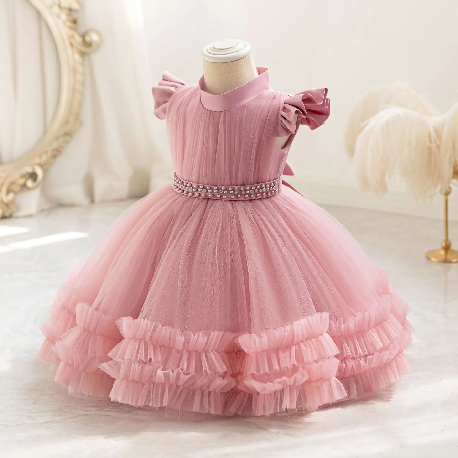 Toddler Girls Ruffle Sleeves Beaded Tulle Princess Dress For Children Wedding Birthday Party Communion Elegant Baby Baptism Gown