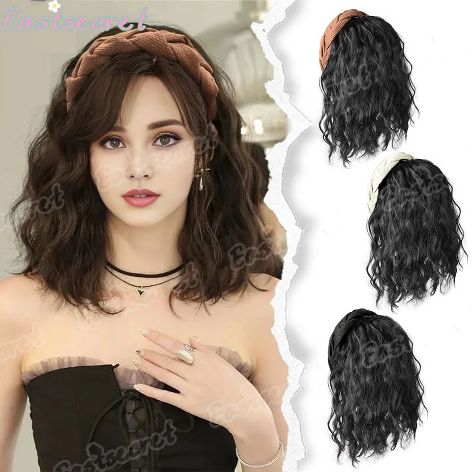 

EAST Women's Black U-Shape Long Wavy Curly Headband Wig Heat Resistant Fiber Synthetic Wig for Daily Party Wear