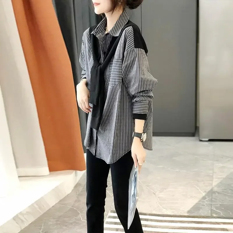 

Fashion Autumn Women's Clothing Turn-down Collar Bandage Casual Button Shirt Vintage Korean Long Sleeve Spliced Striped Blouse
