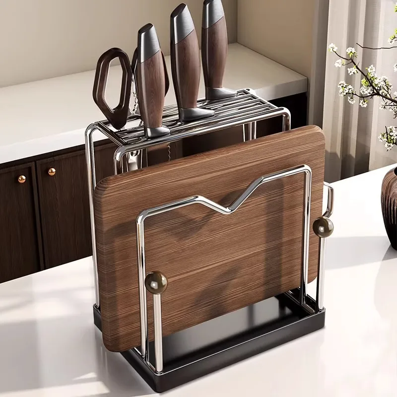 Multifunctional Kitchen Knife Holder Stainless Steel Cutting Board & Pot Lid Organizer Countertop Storage Rack with Drip Tray