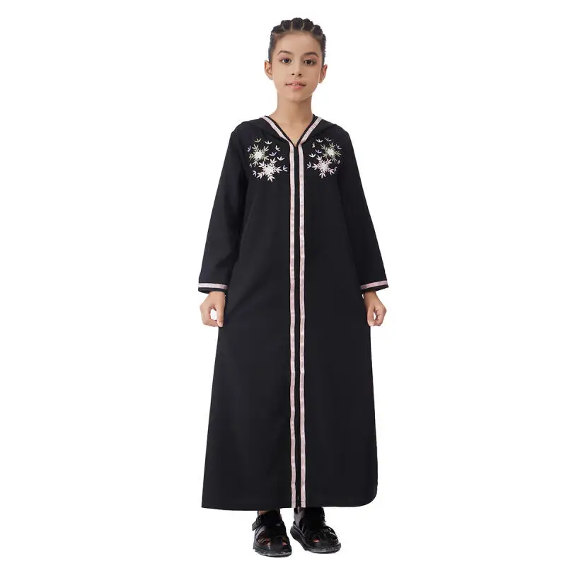 Girls Hooded Abaya Floral Embroidery Long Sleeve Muslim Dress Children Islamic Prayer Jilbab Dubai Arab Girl Maxi Robe