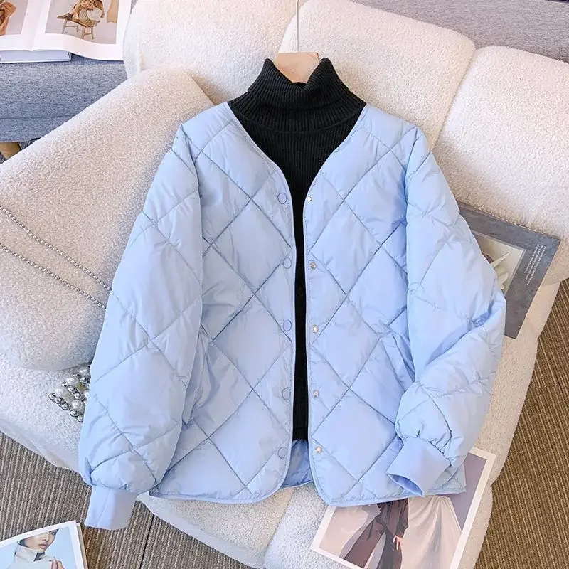 2024 Short Cotton-padded Jacket Female Down Cotton Coat Autumn Winter Women Light Thin Quilted Lattice Parkas Casual Tops Coats