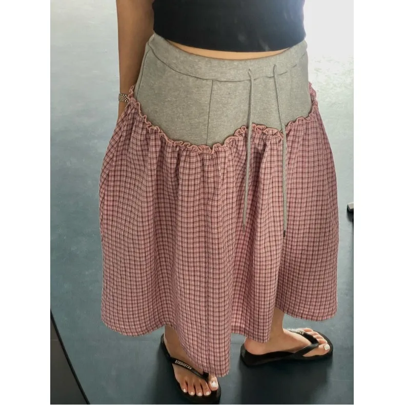 

Ретро-юбка миди в клетку с цветными вставками, эластичная талия, в японском стиле, из смесового хлопка и полиэстера