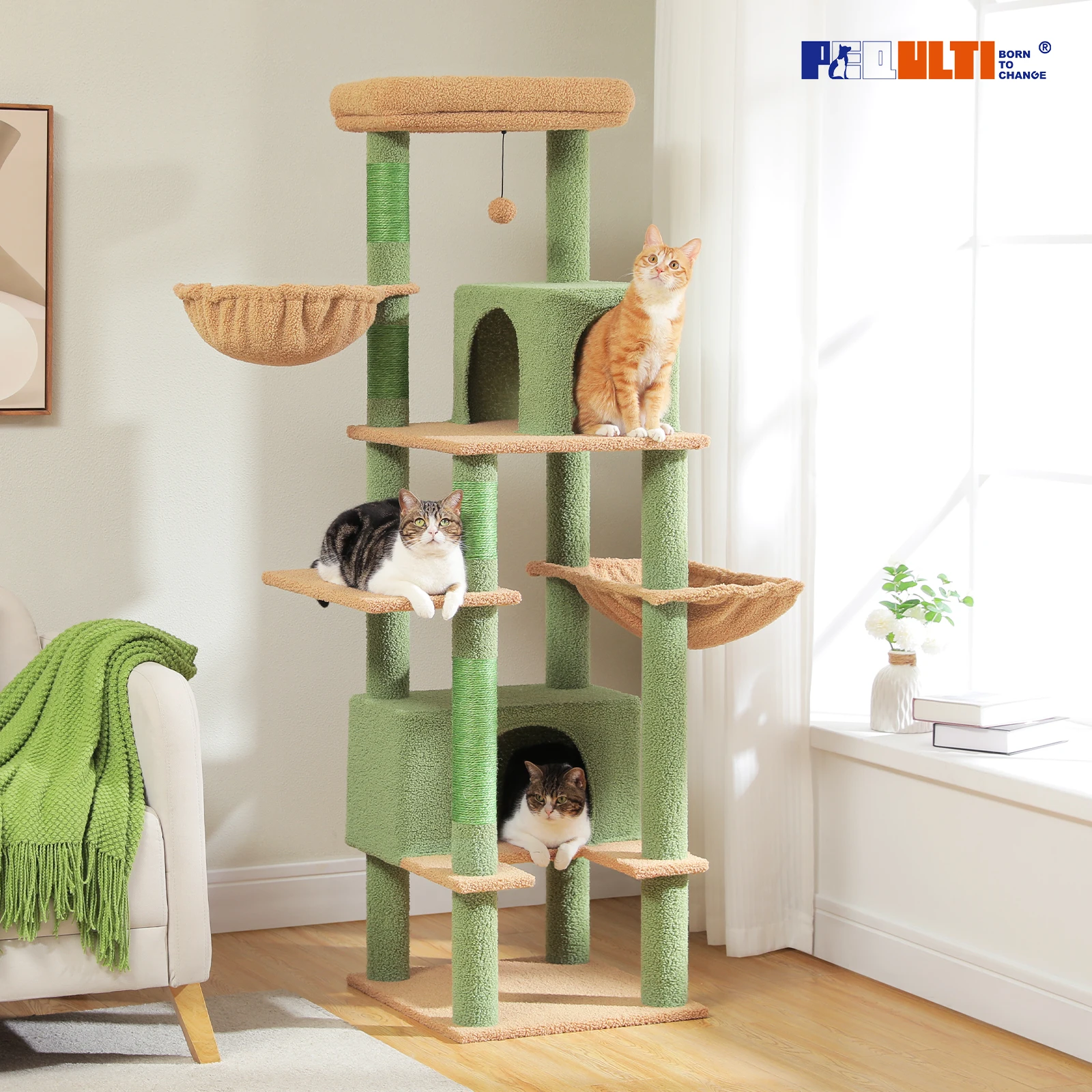 Multi-Level Cactus Cat Tree for Indoor Cats, Large Cat Tower with Sisal Scratching Post, Two Big Condos and Super Large Hammock