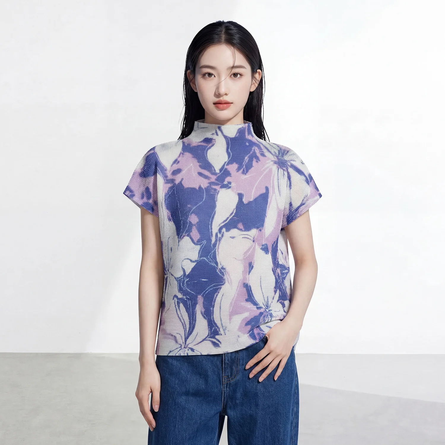 

High Quality Miyake Pleated Top Women Casual Style Shirt Printed Stretch Pleats Short Sleeve T-Shirt