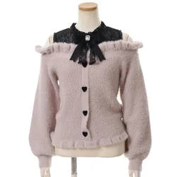 Camisola de malha estilo japonês bowknot feminino, pulôver kawaii sem ombro, doce Lolita Tops, macio, meninas, outono, inverno