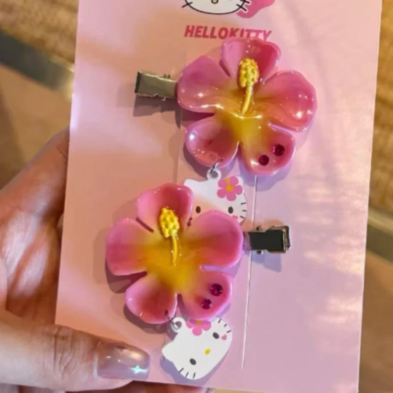 Kawaii Sanrio Hello Kitty Flower Hair Clips Set Pink Hibiscus Hair Pins Sweet Summer Hair Accessories for Women Girls view 4