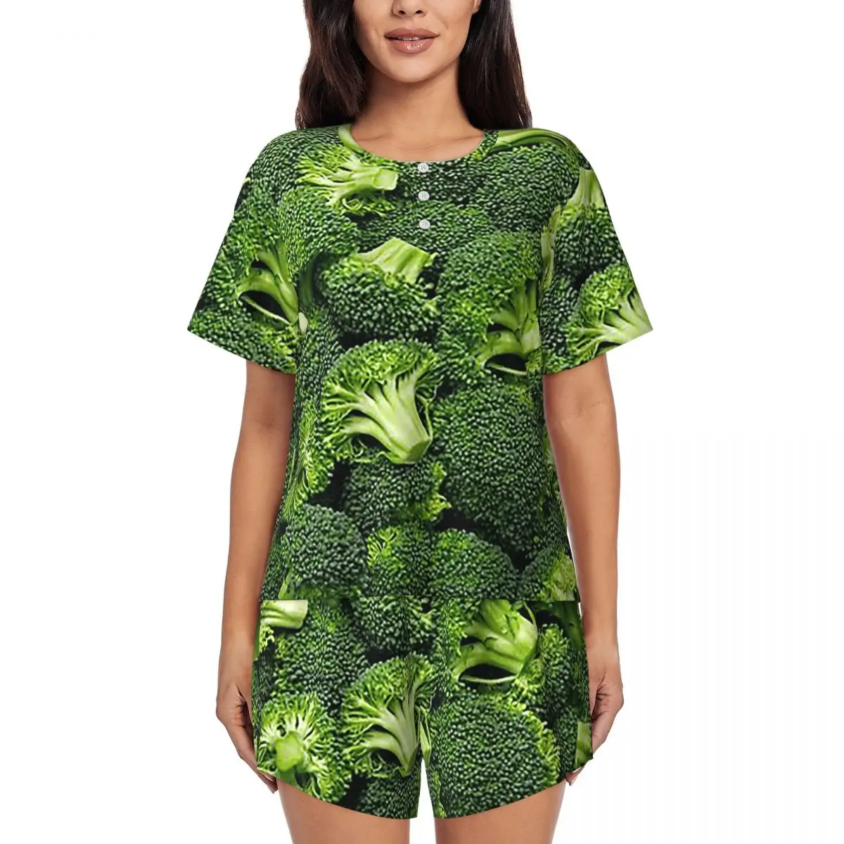 

Fresh Raw Broccoli Round Neck Short Sleeve Nightgowns for Sleeping Sleepshirts Women Soft Pajama Set Short Pants