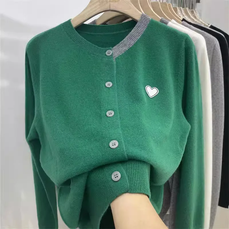 Automne nouveau tricot Patchwork à manches longues hauts pour femme col rond mode coréenne tricoté manteau ample Cardigan pull manteau veste