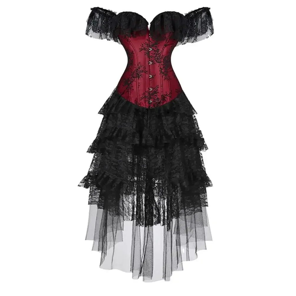 Gorset do sukienki Vintage elegancki gorset wiktoriański średniowieczny renesans zasznurować gorsety zestaw spódnic Plus rozmiar Halloween stroje damskie