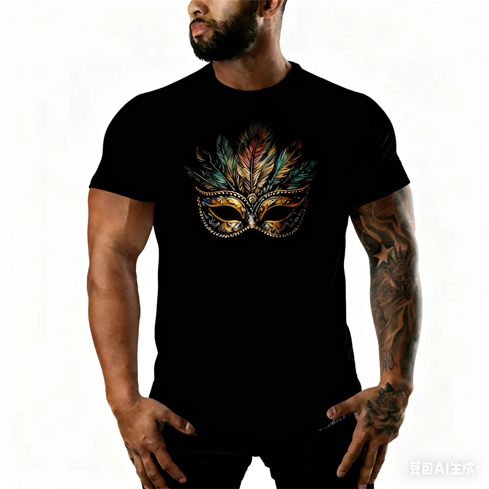 Brasilien Karneval Herren T-Shirt 3D Bunte Maske Gedruckt O-Ausschnitt Kurzarm Tops Freizeit Mode Karneval Party Unisex Kleidung