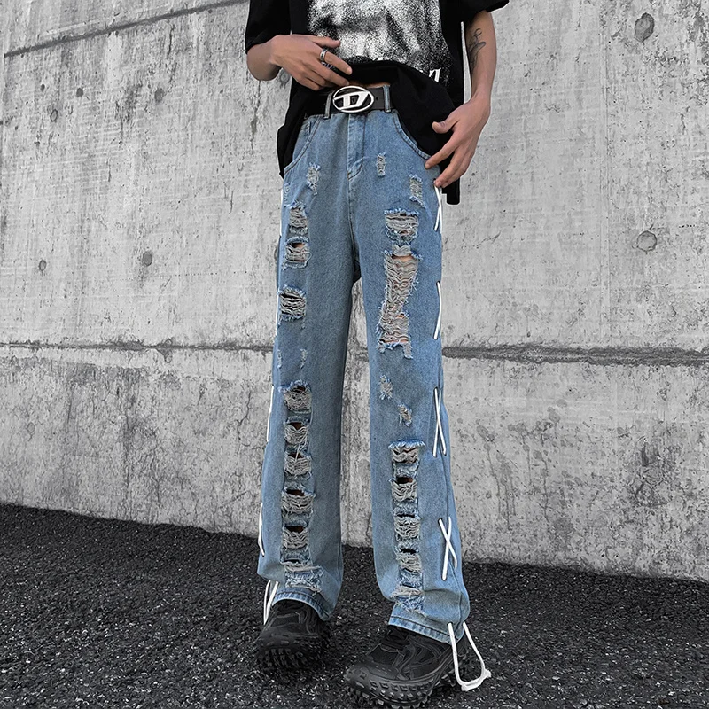 Men's Vibe Style Destroyed Jeans Side Rope Braided Pants Fashion High Street Ripped Hip Hop Denim Trousers Loose Casual