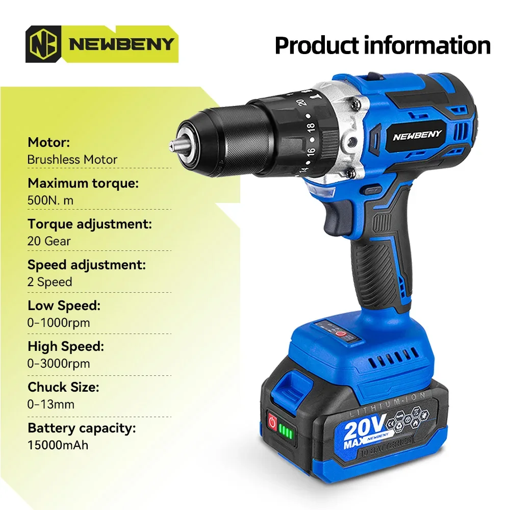 NEWBENY 13mm Brushless Electric Drill 20+3 Cordless Efficient Multifunctional Electric Screwdriver For Makita 18V Battery