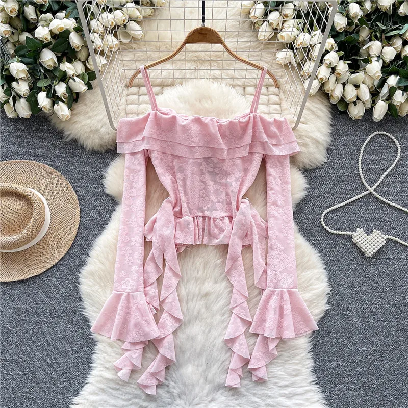 أسود وردي قبالة الكتف المرأة طويلة مضيئة كم قميص أبيض المشمش مائل الرقبة غير النظامية أعلى الأشرطة خريف جديد الكشكشة ضئيلة بلوزة