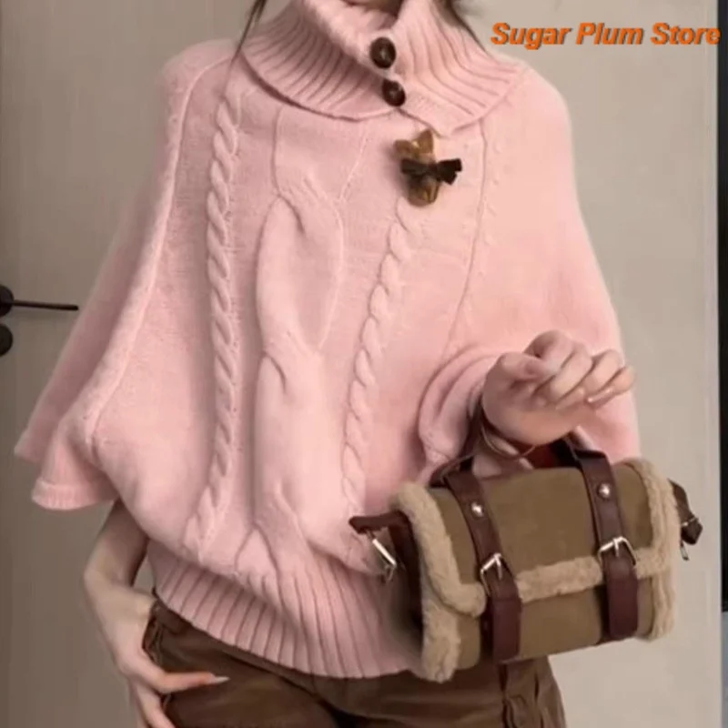 Korean Simple Pink Turtleneck Twist Cloak Sweater Women's Autumn and Winter New Lazy Wind Design Comfortable Casual Trend Top