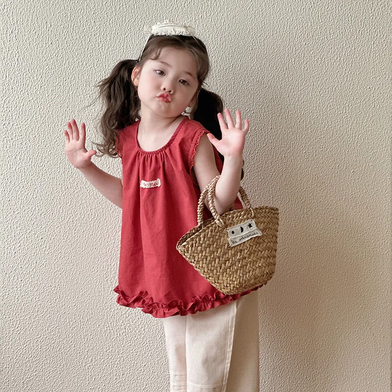 

2025 New Girls' Summer Top Sweet Girl Doll Shirt Sleeveless Lace Vest